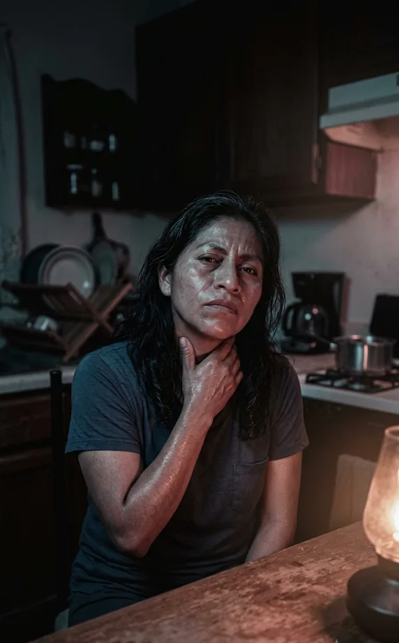 Mujer en su cocina sintiendo un bochorno